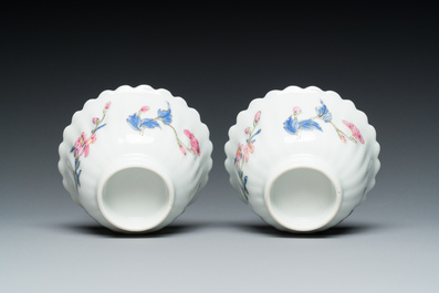 A pair of Chinese famille rose chrysanthemum-shaped cups and saucers, Yongzheng