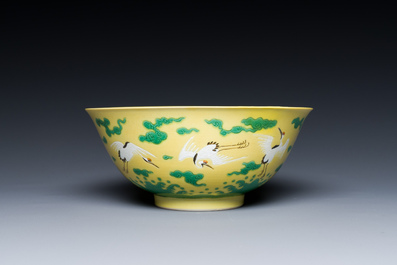 A Chinese yellow-ground 'cranes' bowl, Yongzheng mark and probably of the period