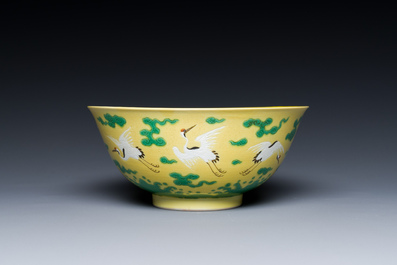 A Chinese yellow-ground 'cranes' bowl, Yongzheng mark and probably of the period