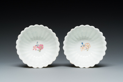 A pair of Chinese famille rose chrysanthemum-shaped cups and saucers, Yongzheng