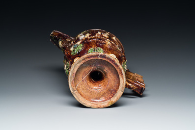 A French polychrome lead-glazed earthenware puzzle jug, Saintonge, 1st half 17th C.