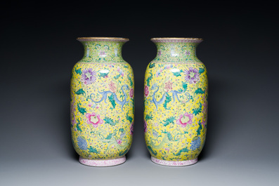 A pair of Chinese famille rose yellow-ground 'dragon' vases, Qianlong mark, Republic