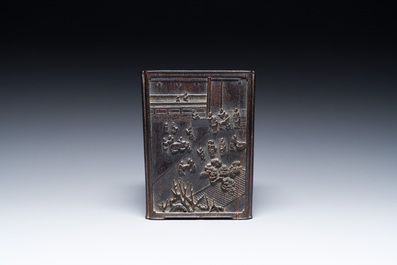 A Chinese square zitan wood brush pot with narrative design, 19th C.