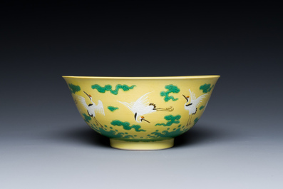 A Chinese yellow-ground 'cranes' bowl, Yongzheng mark and probably of the period