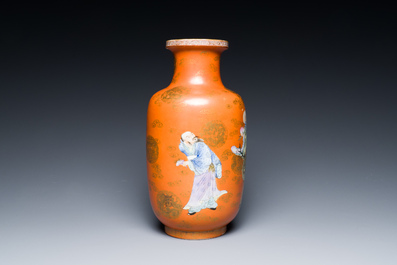 A Chinese famille rose coral-red-ground 'Immortals' rouleau vase, Qianlong mark, Republic