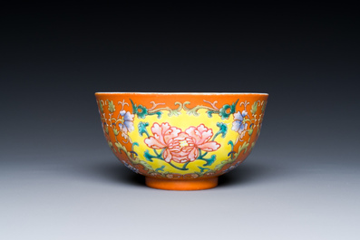 A Chinese coral red-ground imperial style falangcai bowl, Republic