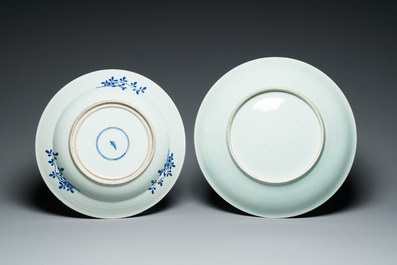 A Chinese famille rose dish and a blue and white dish, 19/20th C.