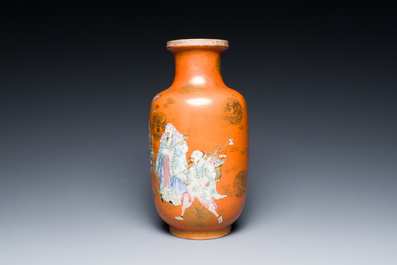 A Chinese famille rose coral-red-ground 'Immortals' rouleau vase, Qianlong mark, Republic