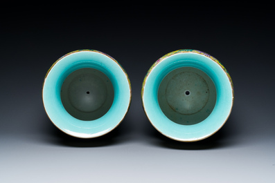 A pair of Chinese famille rose yellow-ground 'dragon' vases, Qianlong mark, Republic