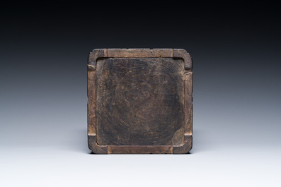 A Chinese square zitan wood brush pot with narrative design, 19th C.