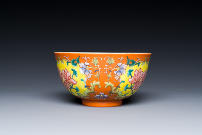 A Chinese coral red-ground imperial style falangcai bowl, Republic