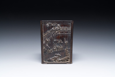 A Chinese square zitan wood brush pot with narrative design, 19th C.