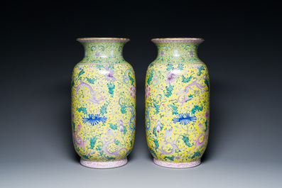 A pair of Chinese famille rose yellow-ground 'dragon' vases, Qianlong mark, Republic