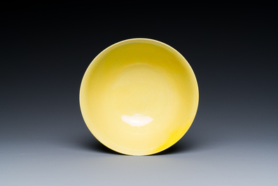 A Chinese yellow-ground 'cranes' bowl, Yongzheng mark and probably of the period