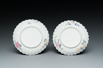 A pair of Chinese famille rose chrysanthemum-shaped cups and saucers, Yongzheng