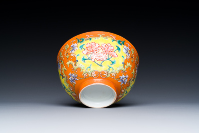 A Chinese coral red-ground imperial style falangcai bowl, Republic