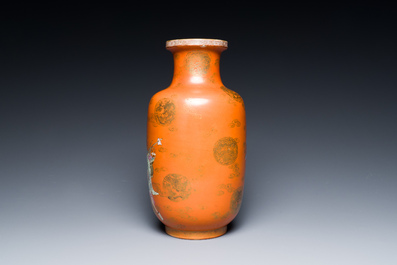 A Chinese famille rose coral-red-ground 'Immortals' rouleau vase, Qianlong mark, Republic