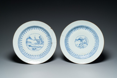 Three Chinese blue and white anhua-decorated dishes with landscape medallions, Yongzheng