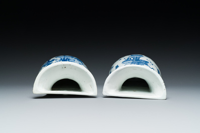 A pair of Chinese blue and white wall pocket vases with antiquities, Kangxi