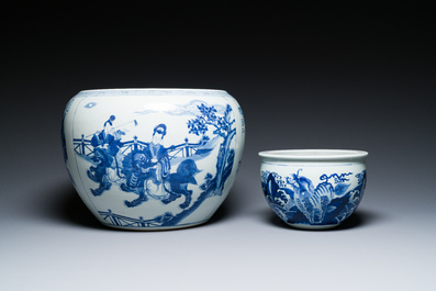 Two Chinese blue and white fish bowls or jardini&egrave;res with figurative design and mythical animals, 19/20th C.