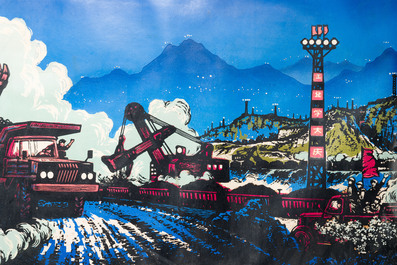 Chinese school from the Cultural Revolution: View on the Daqing oil field, litho heightened with oil paint