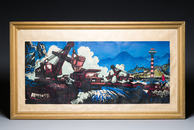 Chinese school from the Cultural Revolution: View on the Daqing oil field, litho heightened with oil paint