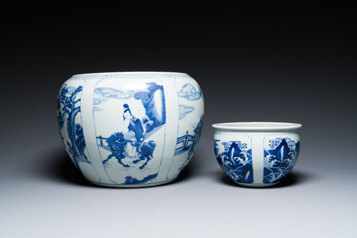 Two Chinese blue and white fish bowls or jardini&egrave;res with figurative design and mythical animals, 19/20th C.