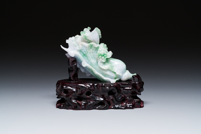 A Chinese jadeite carving of a cabbage on wooden stand, Republic