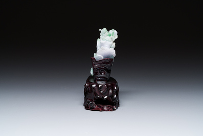 A Chinese jadeite carving of a cabbage on wooden stand, Republic