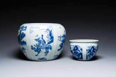 Two Chinese blue and white fish bowls or jardini&egrave;res with figurative design and mythical animals, 19/20th C.