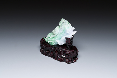 A Chinese jadeite carving of a cabbage on wooden stand, Republic