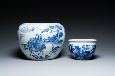 Two Chinese blue and white fish bowls or jardini&egrave;res with figurative design and mythical animals, 19/20th C.