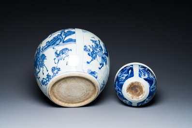 Two Chinese blue and white fish bowls or jardini&egrave;res with figurative design and mythical animals, 19/20th C.