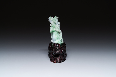 A Chinese jadeite carving of a cabbage on wooden stand, Republic