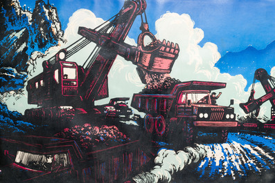 Chinese school from the Cultural Revolution: View on the Daqing oil field, litho heightened with oil paint