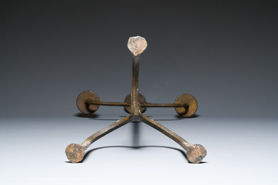 A large French gothic wrought iron three-lights candlestick, ca. 1500