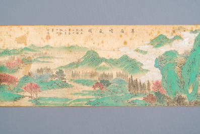 Xu Yang 徐揚 (1712-1777) en Wu Hufan 吳湖帆 (1894-1968): : 'Berglandschap, gedateerd 1755, met latere kalligrafie, inkt en kleur op zijde