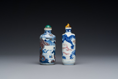 Two Chinese blue, white and copper-red snuff bottles, 19th C.