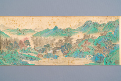 Xu Yang 徐揚 (1712-1777) en Wu Hufan 吳湖帆 (1894-1968): : 'Berglandschap, gedateerd 1755, met latere kalligrafie, inkt en kleur op zijde