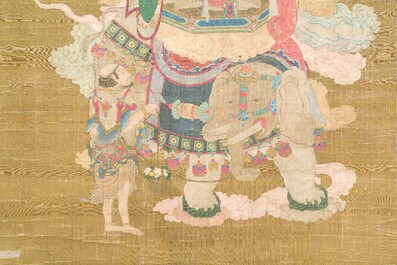 Chinese school: 'Samanthabadra riding the elephant with six tusks', ink and colours on silk, 17/18th C.