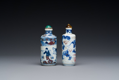 Two Chinese blue, white and copper-red snuff bottles, 19th C.