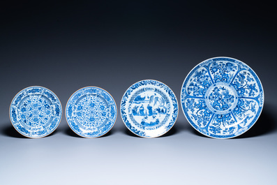 A Chinese blue and white dish and three plates, Kangxi/Yongzheng