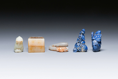 Five Chinese jade and lapis lazuli carvings, 19/20th C.