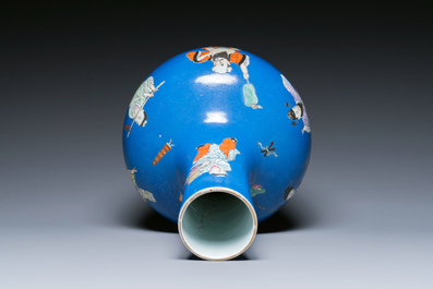 A Chinese famille rose blue-ground bottle vase, Qianlong mark, Republic