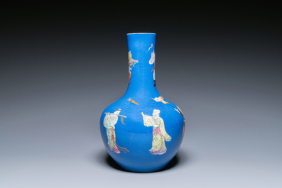 A Chinese famille rose blue-ground bottle vase, Qianlong mark, Republic