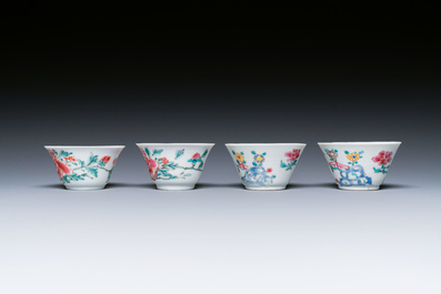 Four Chinese famille rose cups and saucers, Yongzheng