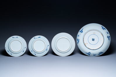 A Chinese blue and white dish and three plates, Kangxi/Yongzheng