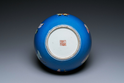 A Chinese famille rose blue-ground bottle vase, Qianlong mark, Republic