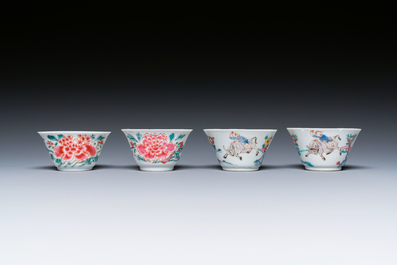 Four Chinese famille rose cups and saucers, Yongzheng