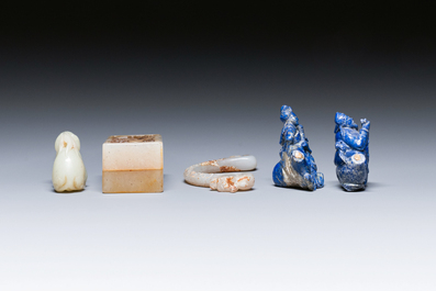 Five Chinese jade and lapis lazuli carvings, 19/20th C.